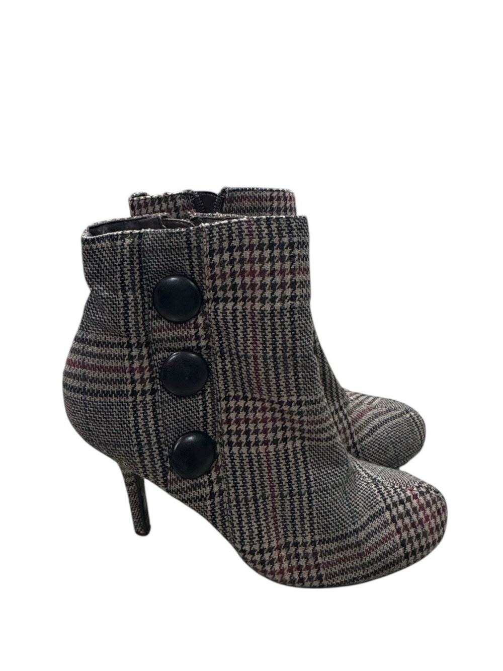 Diba Tweed Ankle Stiletto Booties Academia Granny Chic Faux Button Zip Women's 9